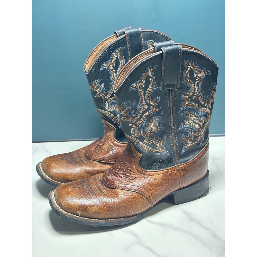 Justin Boots Kids 2D Brown Black Leather Square Toe Western Cowboy Boots 7010Y